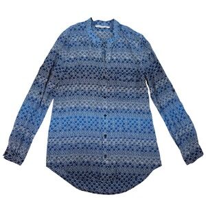 Diane von Furstenberg DVF Blue Ombre Geometric 100%Silk Roll Tab Blouse DESIGNER